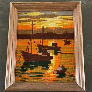 Framed Sunset Harbor Needlepoint Art